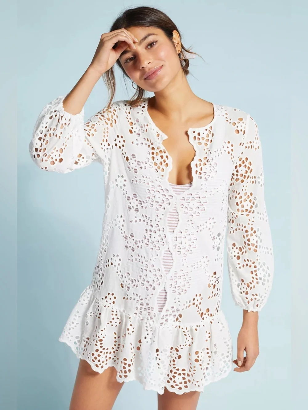 Eberjey Siena Elba Cover-Up Dress in White Eyelet, Size Small